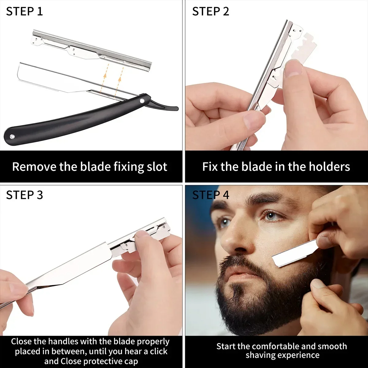 1 Juego de maquinillas de afeitar con borde de peluquero recto para hombre, cuchillo de afeitar plegable, herramientas de depilación con 10 Uds. De cuchillas