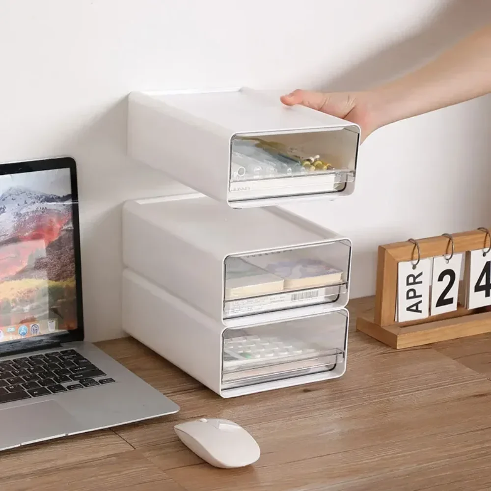 Desktop Storage Boxs Stackable Drawers Stationery Cabinet Desktop Cosmetic Organizer Transparent Office Document Sundries Holder