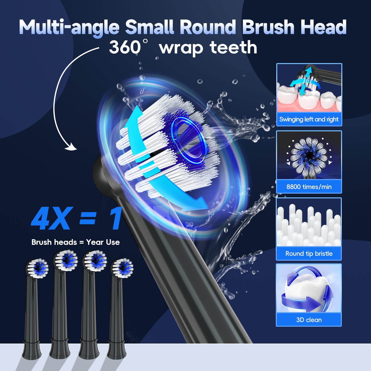 Cepillo de dientes eléctrico para adultos, cepillo de dientes sónico T37 recargable con 3 modos, resistente al agua IPX7, Motor de 40.000 VPM con 4 cabezales