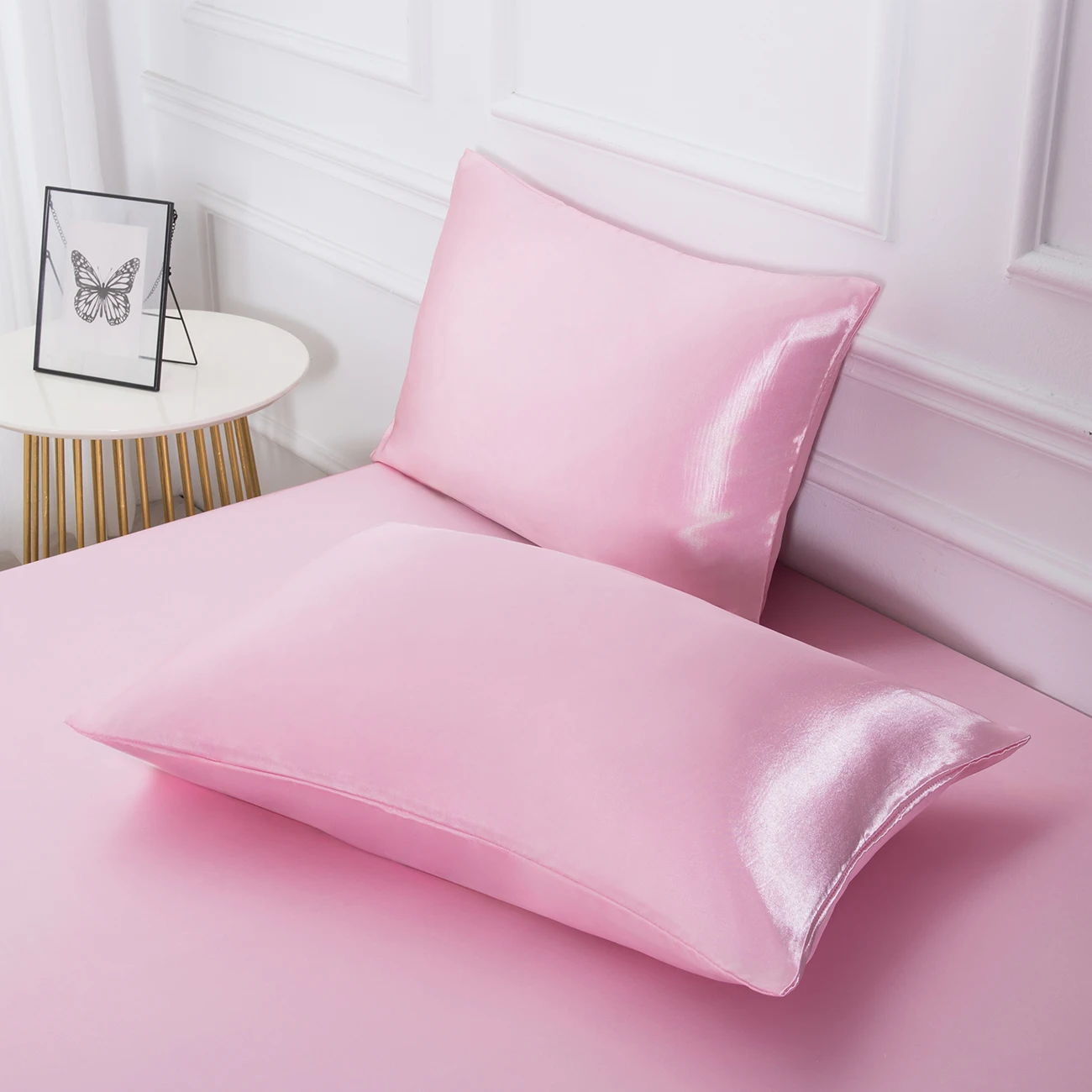3pc Solid Color Fitted Sheet Set 1 bed sheet with 2 pillow cover Satin Fabric Soft Comfortable Breathble Bedding Set for Bedroom