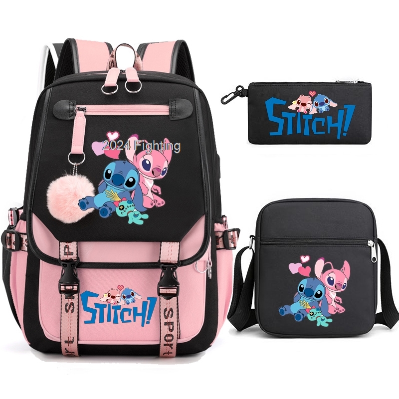 Mochilas escolares Lilo y Stitch para adolescentes y niñas, Mochilas de lona USB, capacidad para ordenador portátil para estudiantes, Mochilas de viaje de dibujos animados para hombres y mujeres, 3 uds.