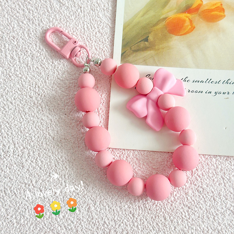 Portachiavi con fiocco di perle rosa, catena per cellulare, borsa per auricolari, corda anti-smarrimento, portachiavi per auto, ciondolo con perline, accesso al ciondolo dello zaino