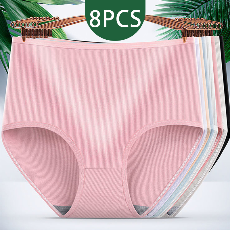 8pcs Women Panties Girl Plus Size Underwear High Waist Briefs Breathable Solid Color Soft Female Lingerie