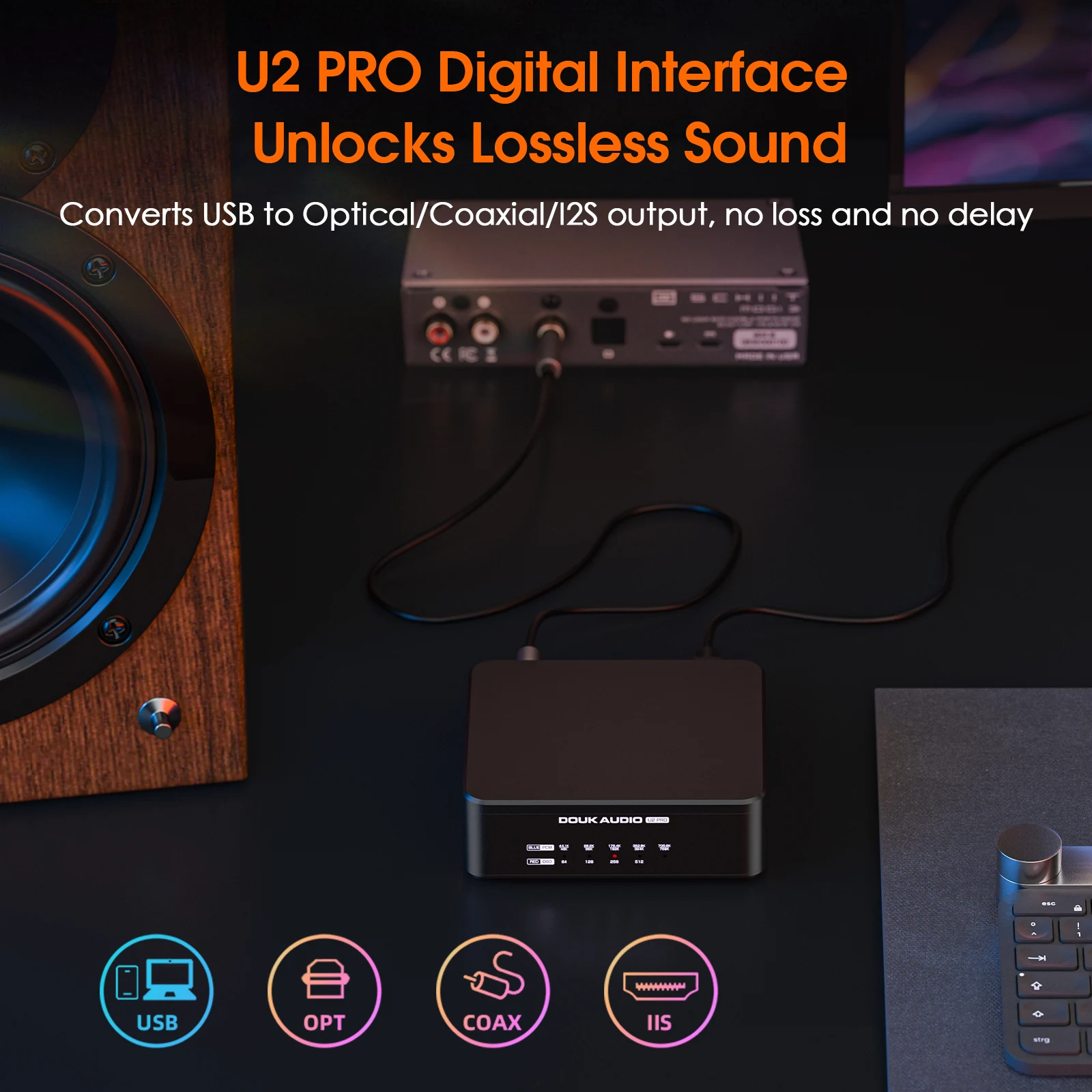 Douk Audio U2 PRO XMOS XU316 Interfaz digital USB DDC Mini S/PDIF Convertidor DSD512 para teléfono/PS5 (versión actualizada)