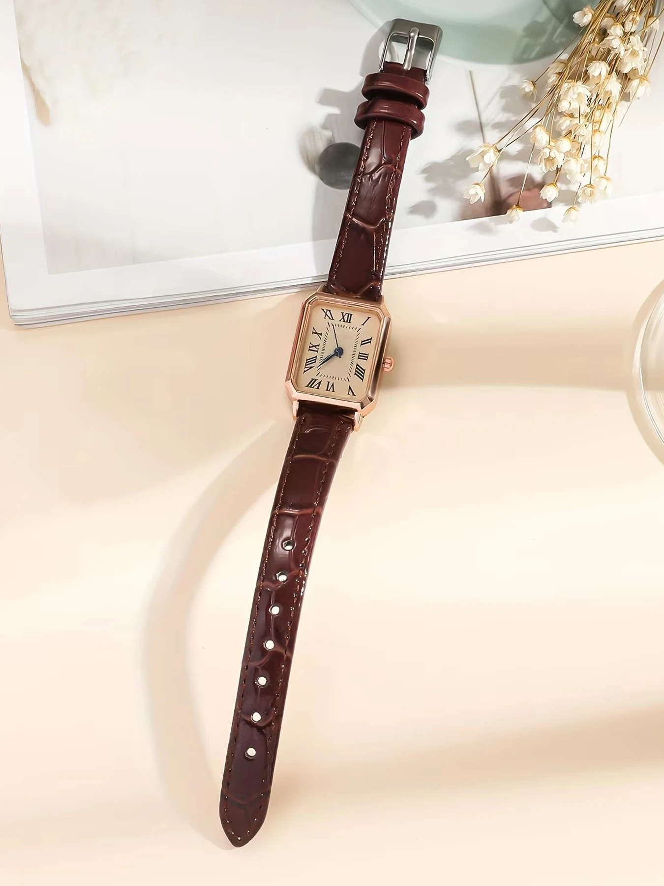 Relógio de quartzo com ponteiro retangular casual feminino, analógico, retrô, couro PU, relógio de pulso feminino, moda Roma
