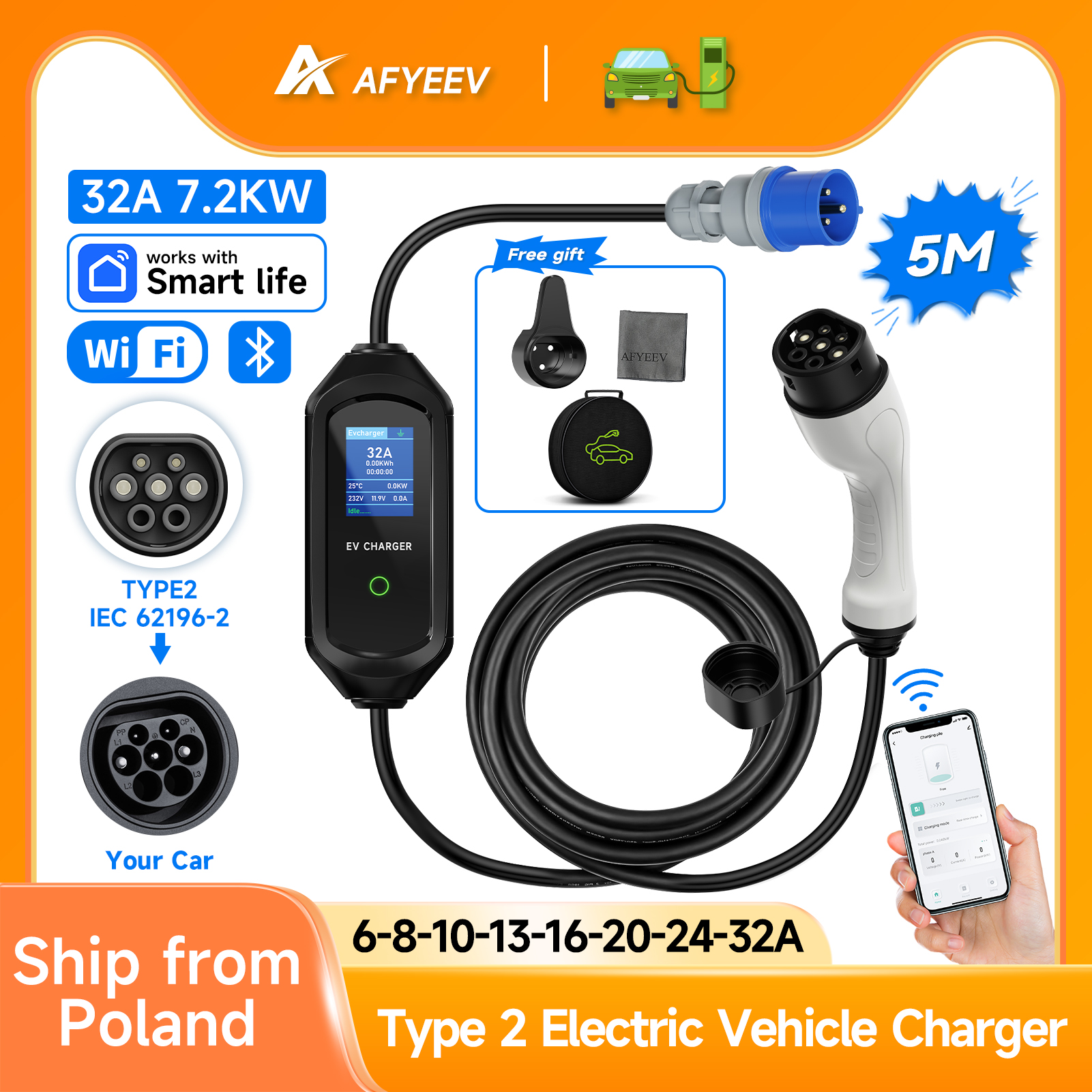 AFYEEV 32A 7.2KW cargador EV portátil Type2 IEC62196-2 cargador de vehículo eléctrico Cable de carga EVSE Wi-Fi Bluetooth Control de aplicación