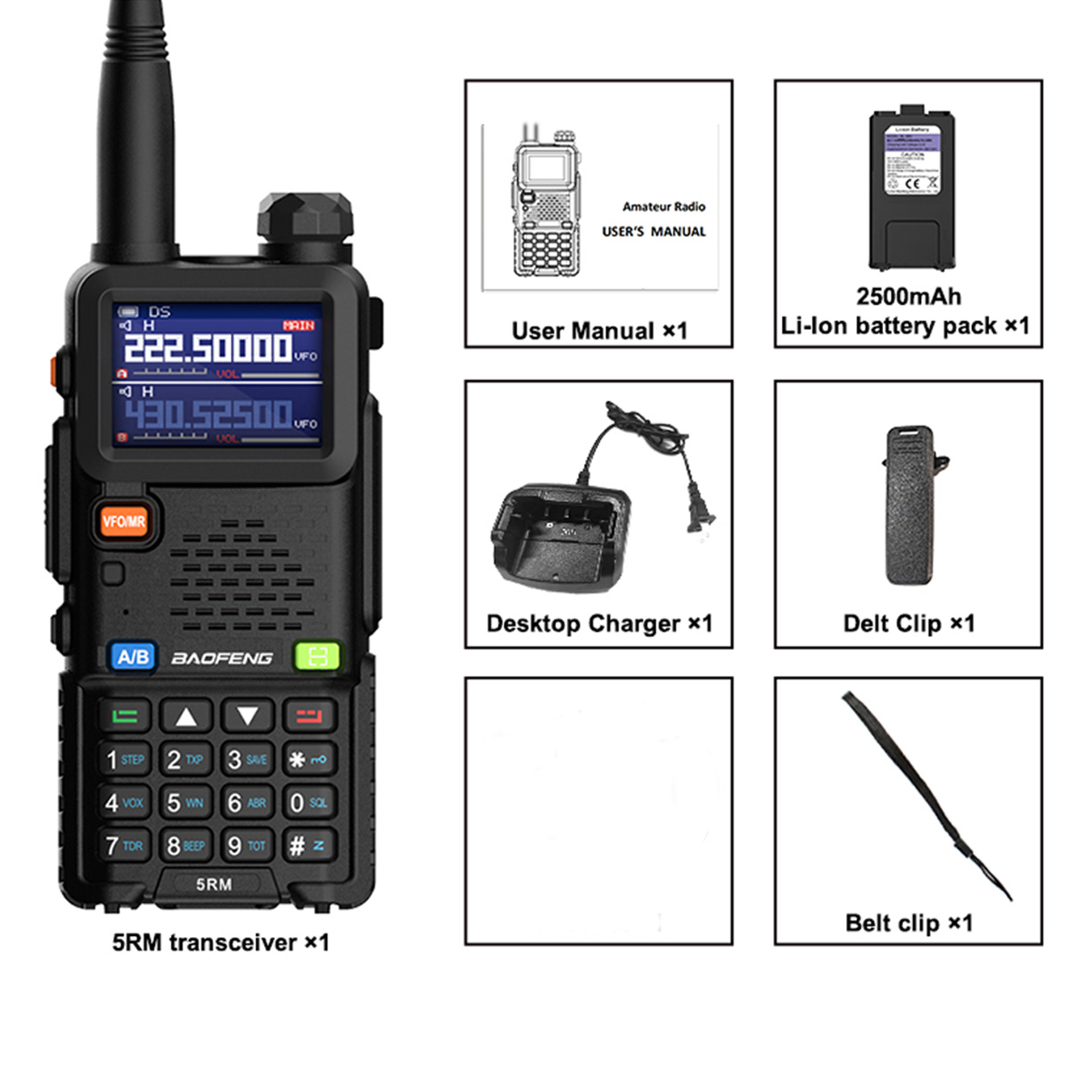 Baofeng 5RM 8W Ham Radio 136-174/220-260/400-520 MHz 6-pasmowe radio dwukierunkowe NOAA Odbiornik pogody Jeden klucz Dopasowanie częstotliwości UV-5RH