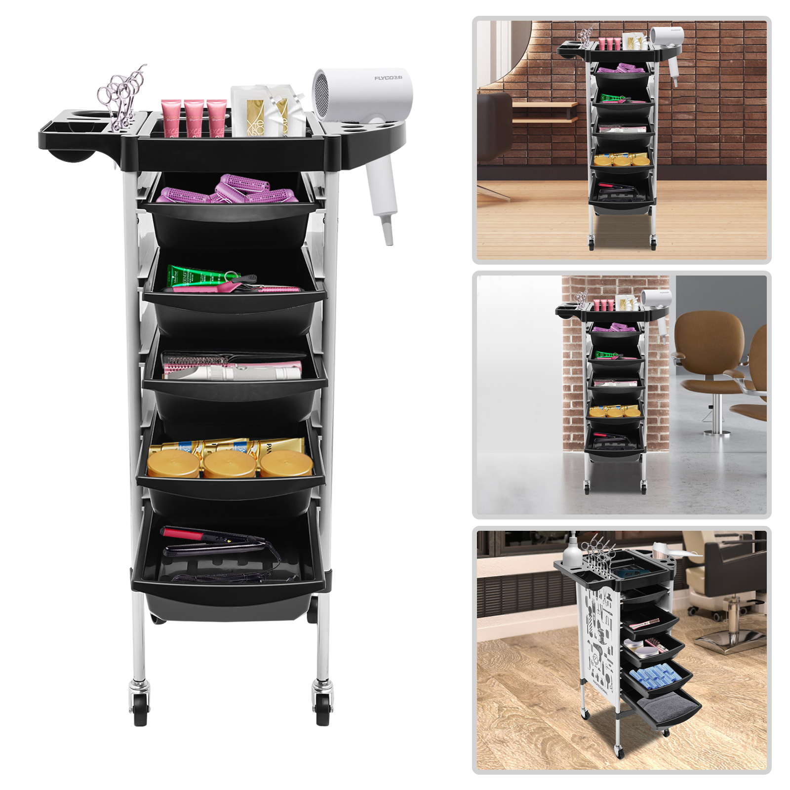 Beauty Friseurwagen mit 5 Schubladen, tragbarer Trolley, robuster, multifunktionaler Plattformwagen, Bodenmontage