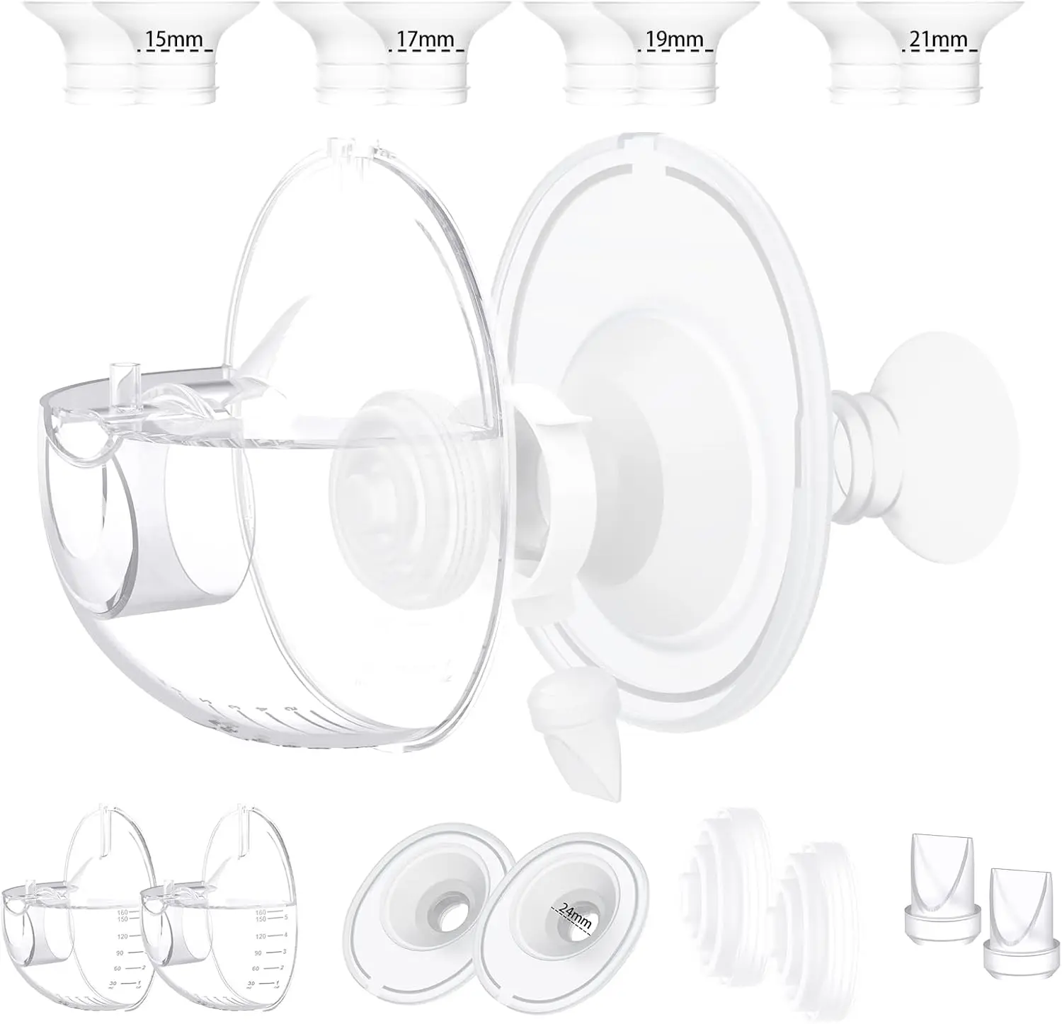Dois conjuntos compatíveis com peças de reposição da bomba tira-leite momcozy m5, copo de coleção e 15/17/19/21mm 8 peças de inserção de flange para m5