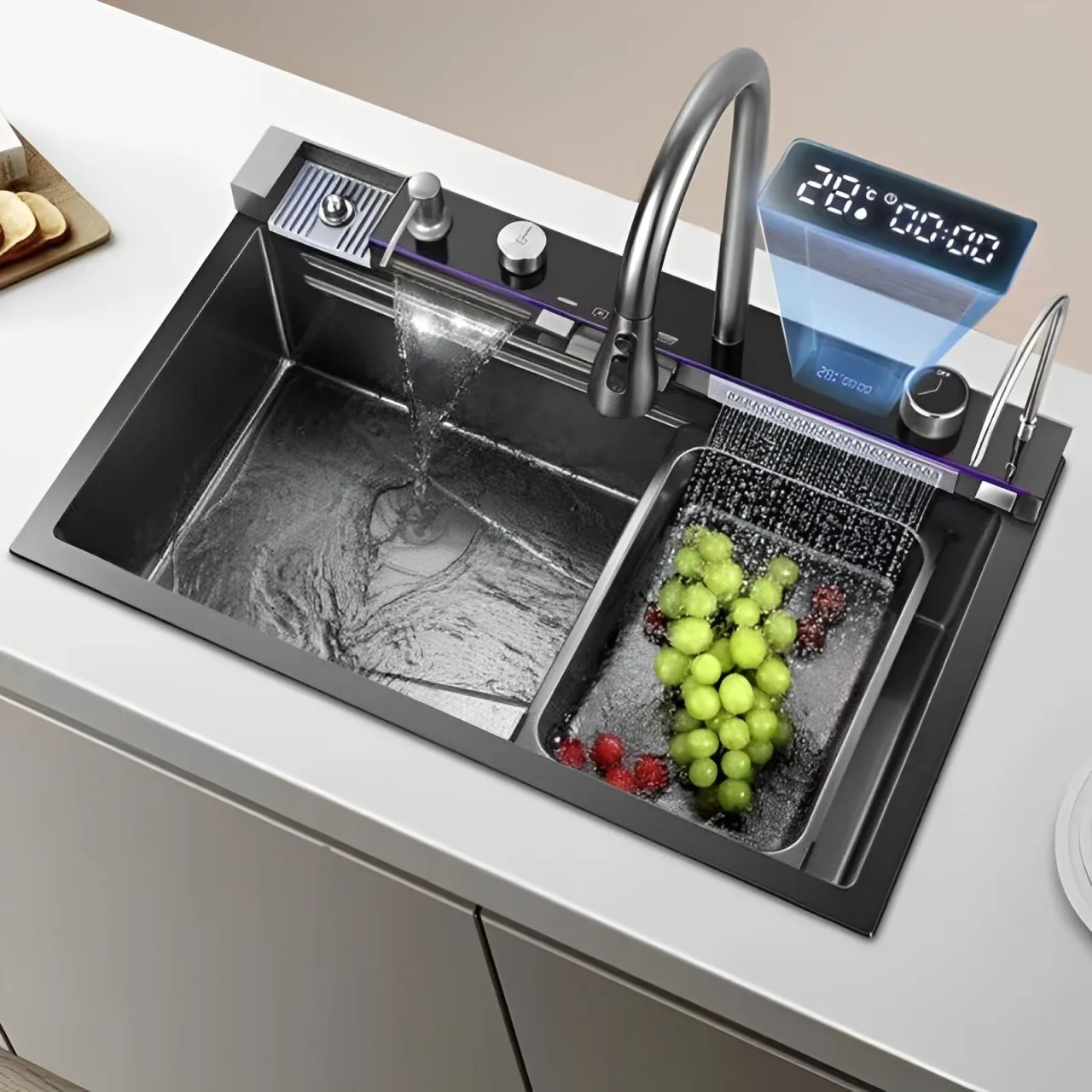 Fregadero de cocina, grifo de cascada doble, control de 5 botones, fregadero premium, el precio más bajo del fabricante