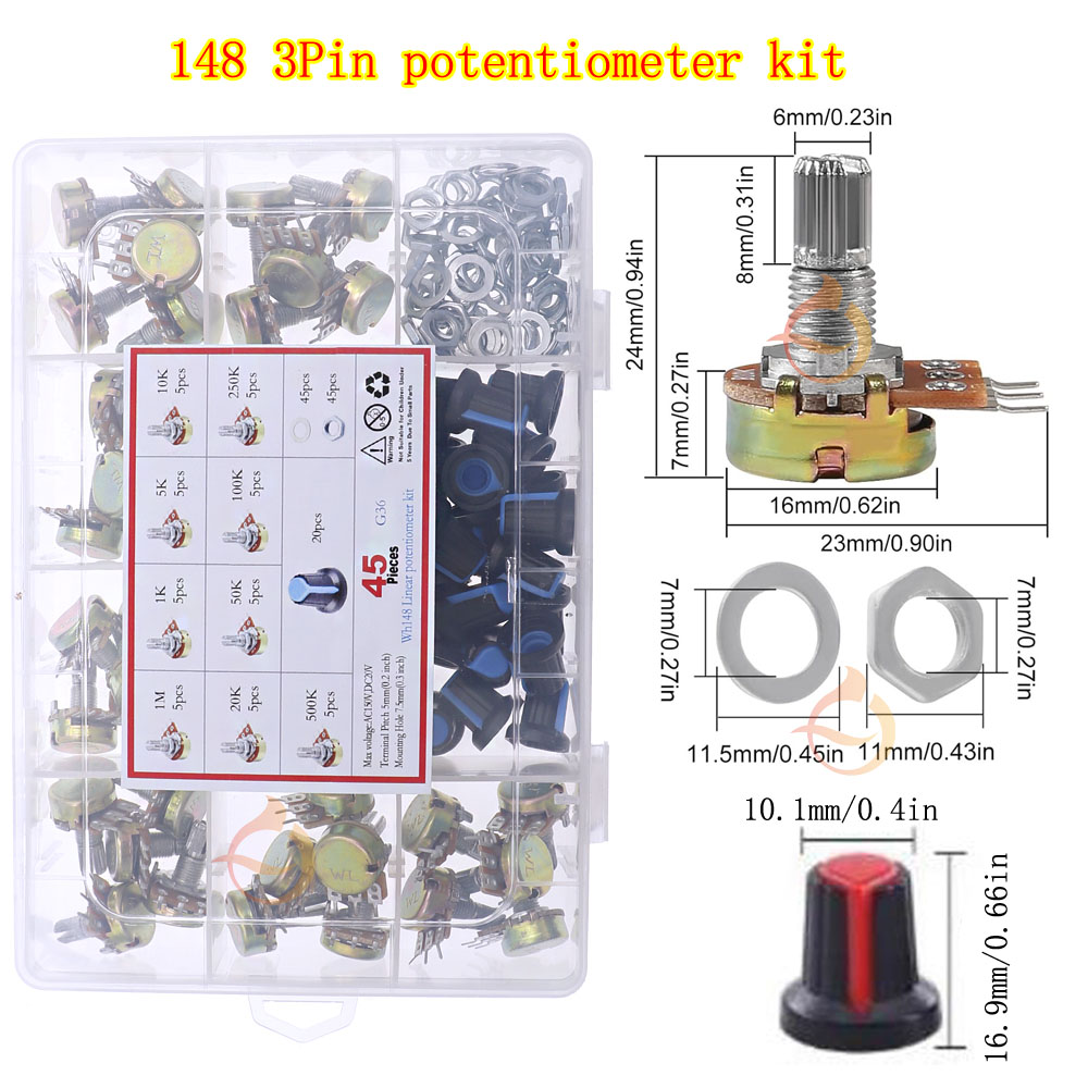 Kit de potenciômetro duplo único de 3 pinos 5 pinos 6 pinos B1K 2K 5K10K 20K 50K 100K 250K 500K 1M