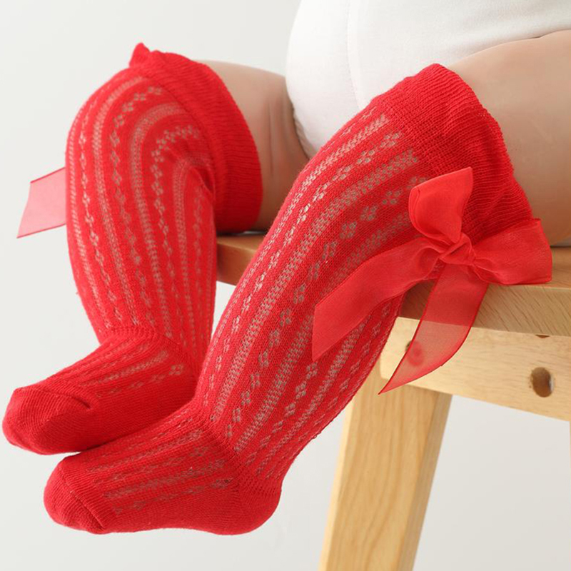 Детские гольфы, длинные носки для малышей, гольфы с рюшами и бантом для девочек, сетчатые чулки-трубы с бантом, модельные носки для младенцев