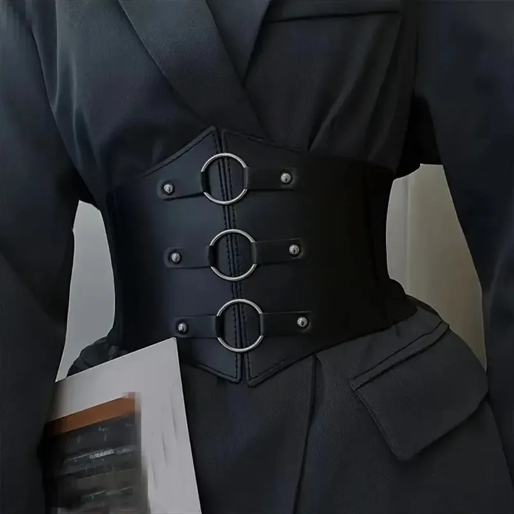 Cinto de espartilho gótico elegante, fivela tripla com rebite preto, cintura elástica waspie para mulheres punk, perfeito para casacos