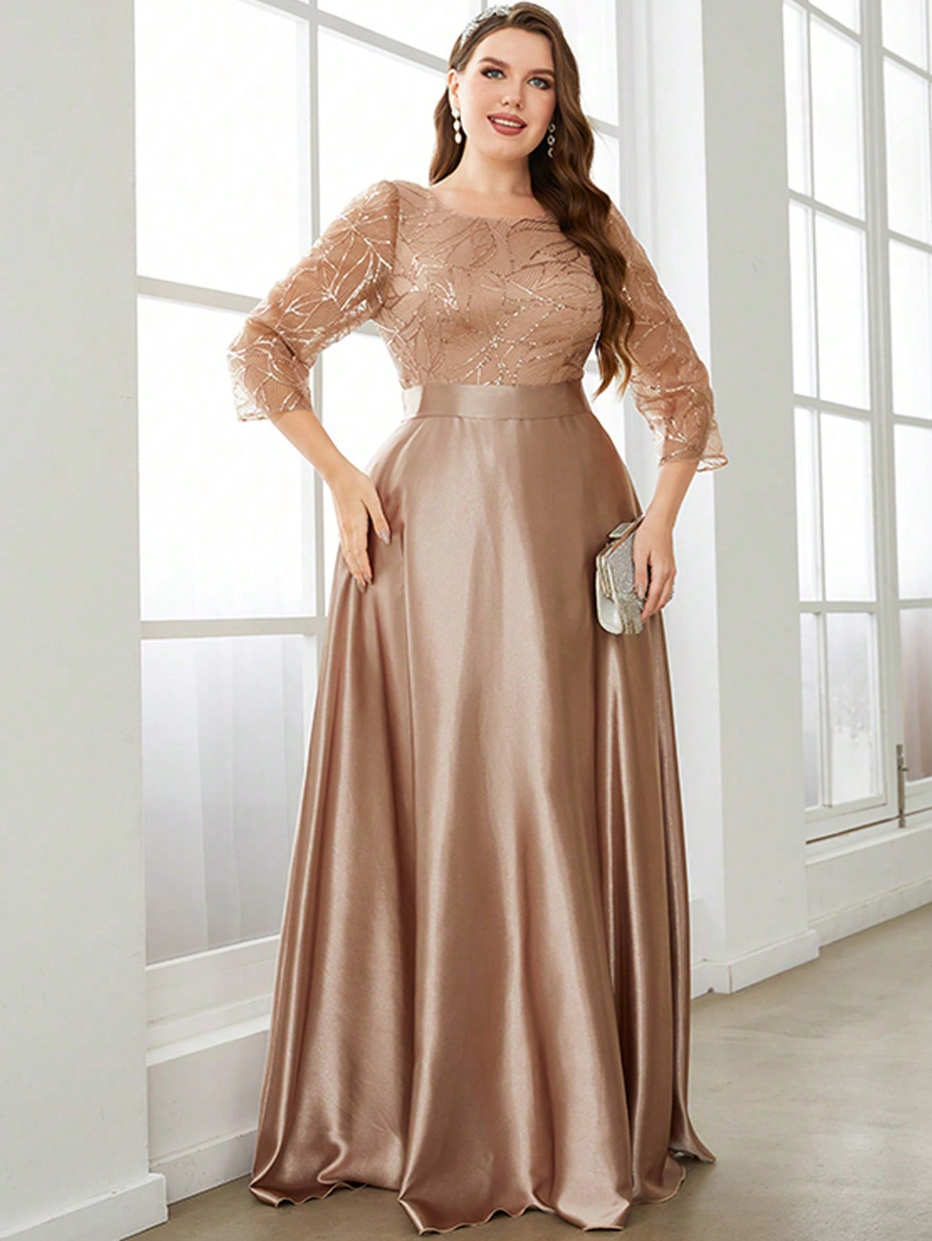 Mgiacy Langes Ballkleid aus Satin mit Rundhalsausschnitt, langen Ärmeln und Pailletten, Patchwork-Satin, Partykleid, Brautjungfernkleid