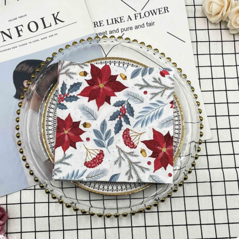 20pcs/Pac Colourful Printed Napkins 2 Ply Featured Christmas Flower Paper Napkins Wood Pulp Paper Party Disposable Placemats