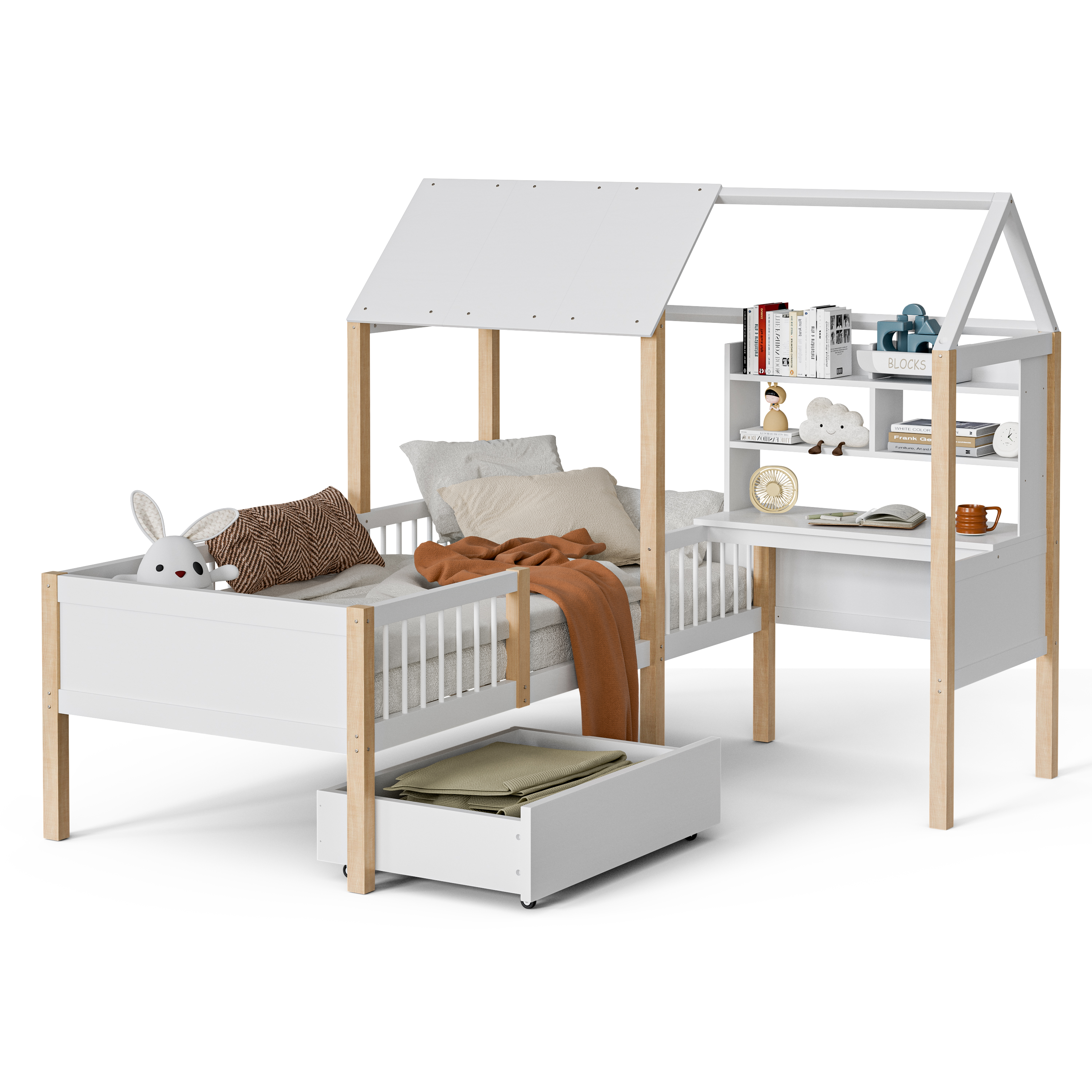 Cama infantil com moldura de segurança, mesa e estante em forma de L, gavetas com rodas, multif, 90x200 cm