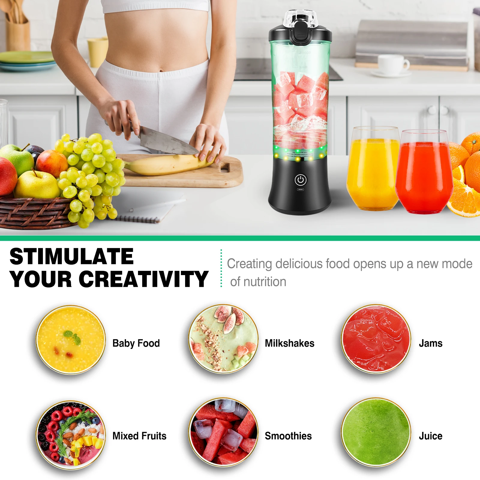 600 ml tragbarer Mini-Mixer, wiederaufladbarer kleiner Smoothie-Mixer über USB, Reise-Mixer mit großer Kapazität, tragbare Smoothies, Mischung aus Eis