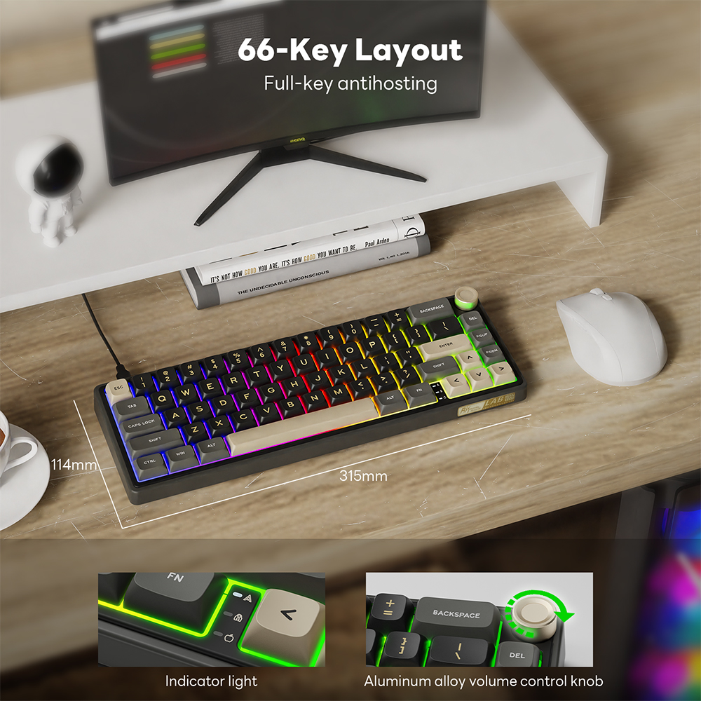 Проводная механическая клавиатура RK Royal Kludge R65, 66-клавишная, 65% RGB-подсветка, горячая замена, игровая клавиатура с колпачками для клавиш MDA PBT