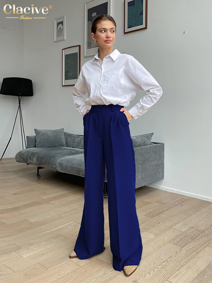 Clacive Blue Office กางเกงสตรี 2021 แฟชั่นหลวมความยาวเต็มกางเกงสุภาพสตรี Casual High เอวกางเกงกว้างสําหรับสตรี