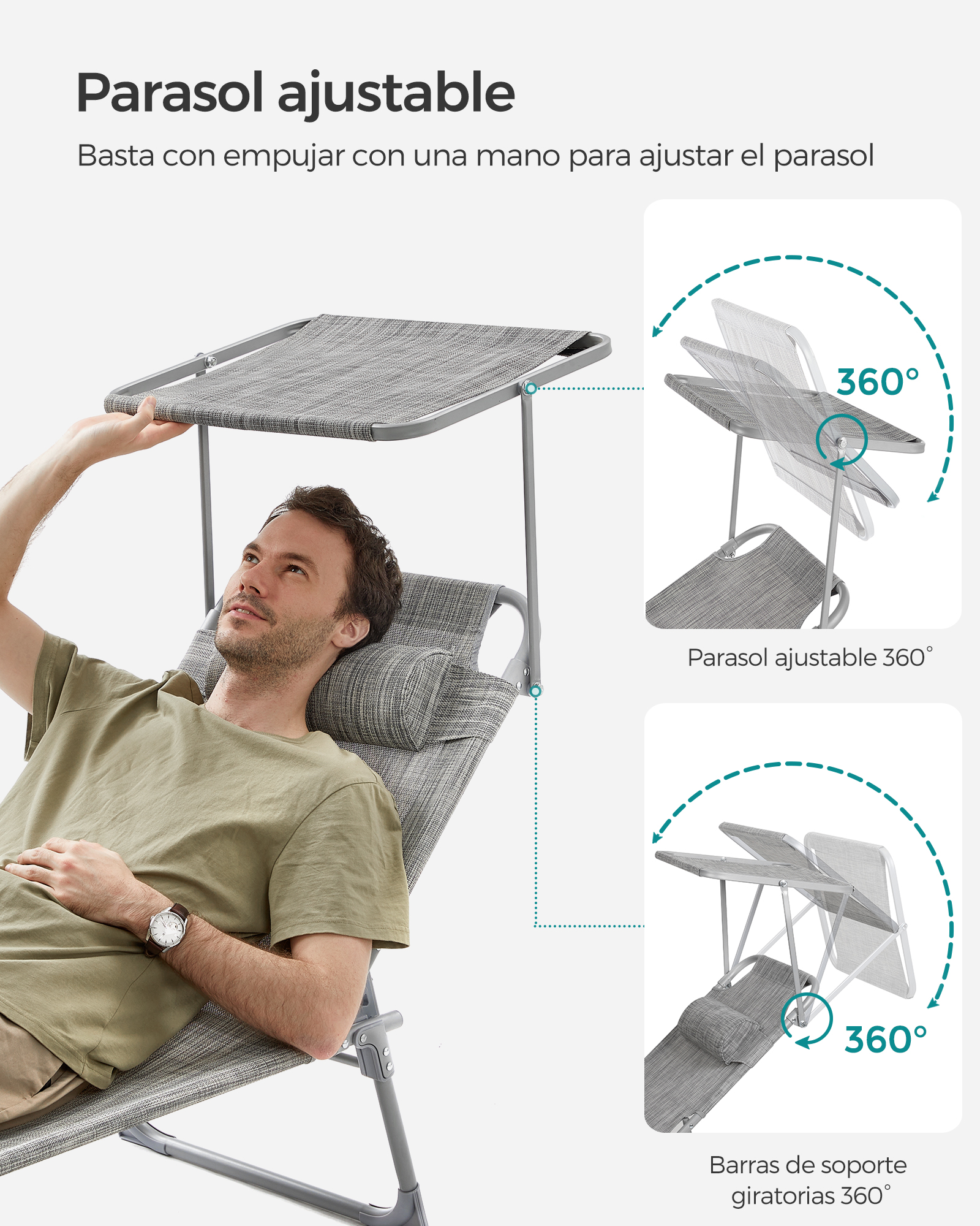 SONGMICS-tumbona plegable con respaldo ajustable, 193x53x29 cm, carga máxima de 150 kg, con sombrilla, reposacabezas