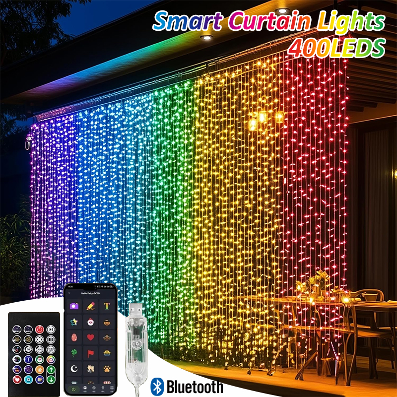 Cortina de luces inteligentes con Bluetooth, Control por aplicación, cadena LED RGB, luz de hadas impermeable, USB, bricolaje, patrón de texto, exhibición, decoración de habitación de fiesta