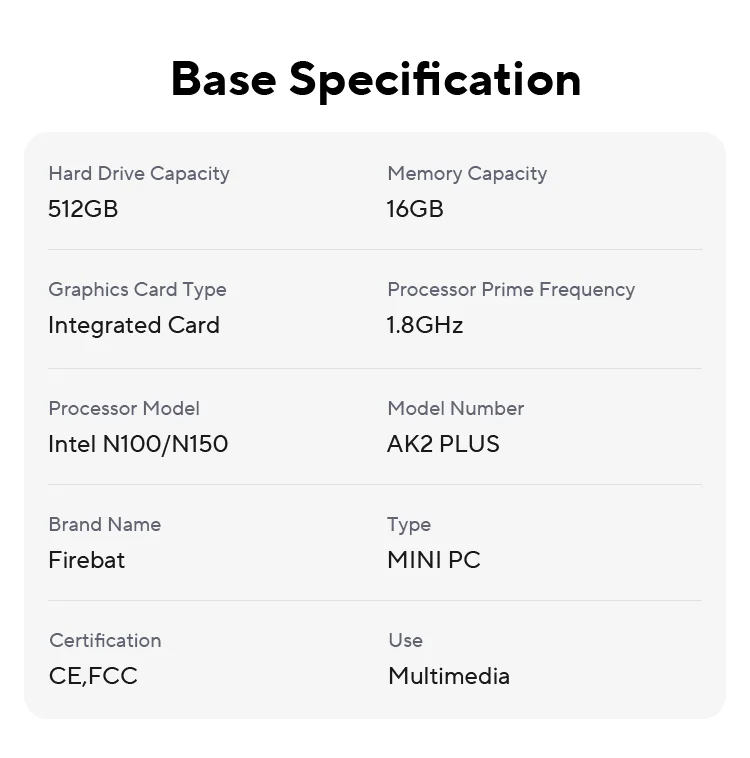 FIREBAT AK2 PLUS MiniPC Intel N100 Dual Band WiFi5 BT4.2 16GB 512GB Computer da gioco Desktop Mini PC Gamer