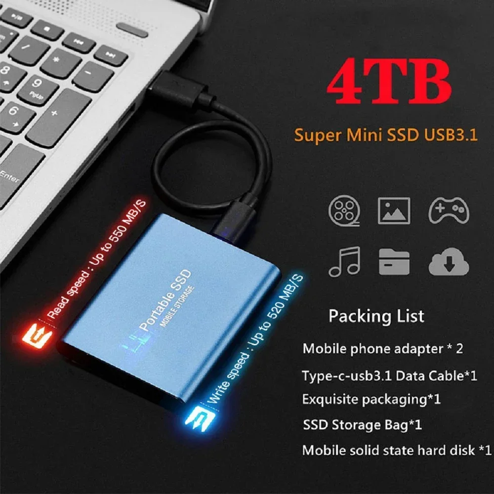 Портативный жесткий диск, внешний жесткий диск 1 ТБ, 2 ТБ USB3.1, высокоскоростной жесткий диск, 500 г, внешний твердотельный накопитель для ноутбуков/Mac/ПК