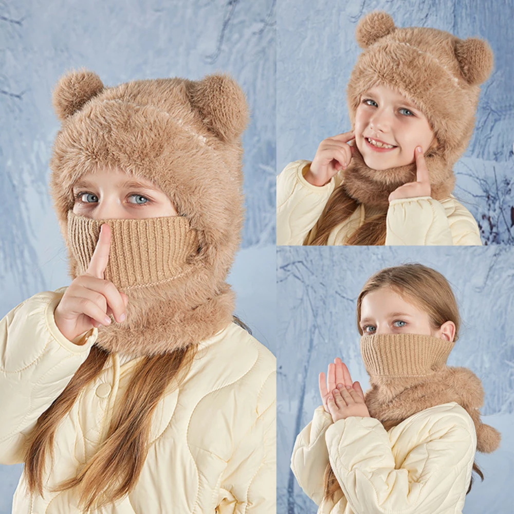 HT4527 Wintermütze mit niedlichen Ohren, Schal, Maske für Kinder, weiches Fleece, Schnee, Ski, Ohrenklappe, Mütze, Kindermütze mit Schal, Maske, Winter-Set für Jungen und Mädchen