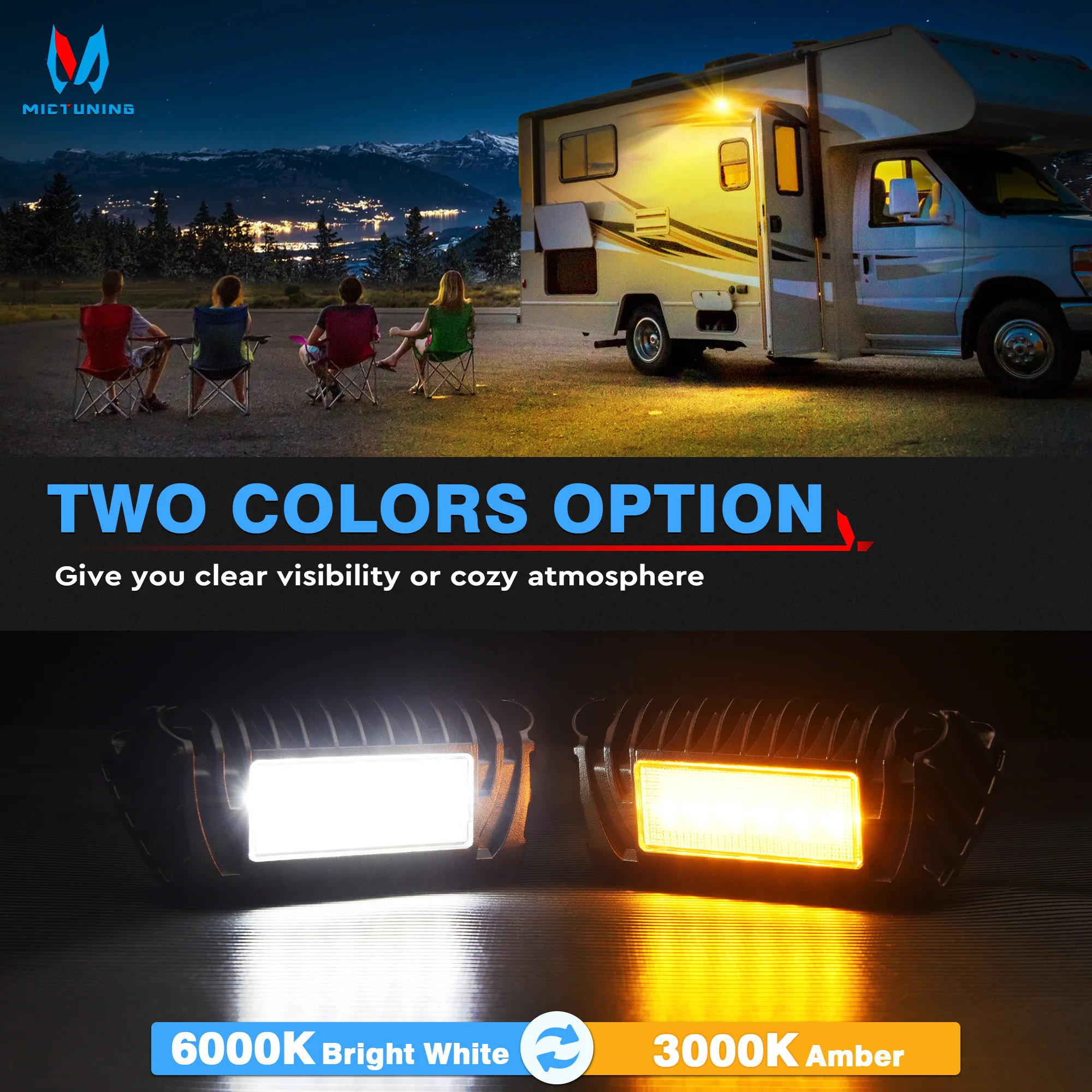 MICTUNING 2 PCS Zewnętrzne oświetlenie ganku LED do pojazdów kempingowych, białe bursztynowe światło użytkowe 1500 lumenów Oświetlenie zamienne do przyczep kempingowych
