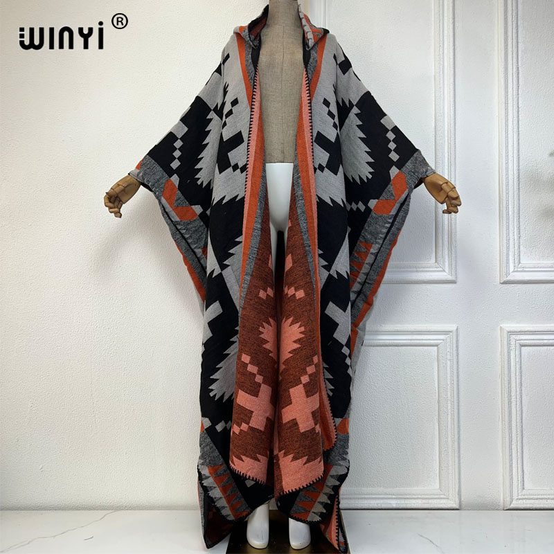 WINYI, nuevos trajes de abrigo de invierno para mujer, vestido de alta calidad, caftán holgado y grueso y cálido para mujer, vestido poncho con capucha, abrigo de fregona, Abaya de moda