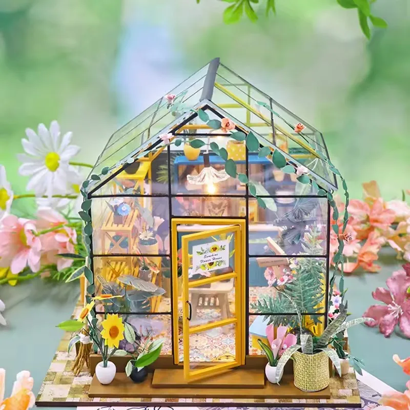 Casa de bonecas em miniatura de madeira com luz led criativa diy casa de flores artesanal 3d puzzle montagem modelo de construção brinquedos casas de boneca