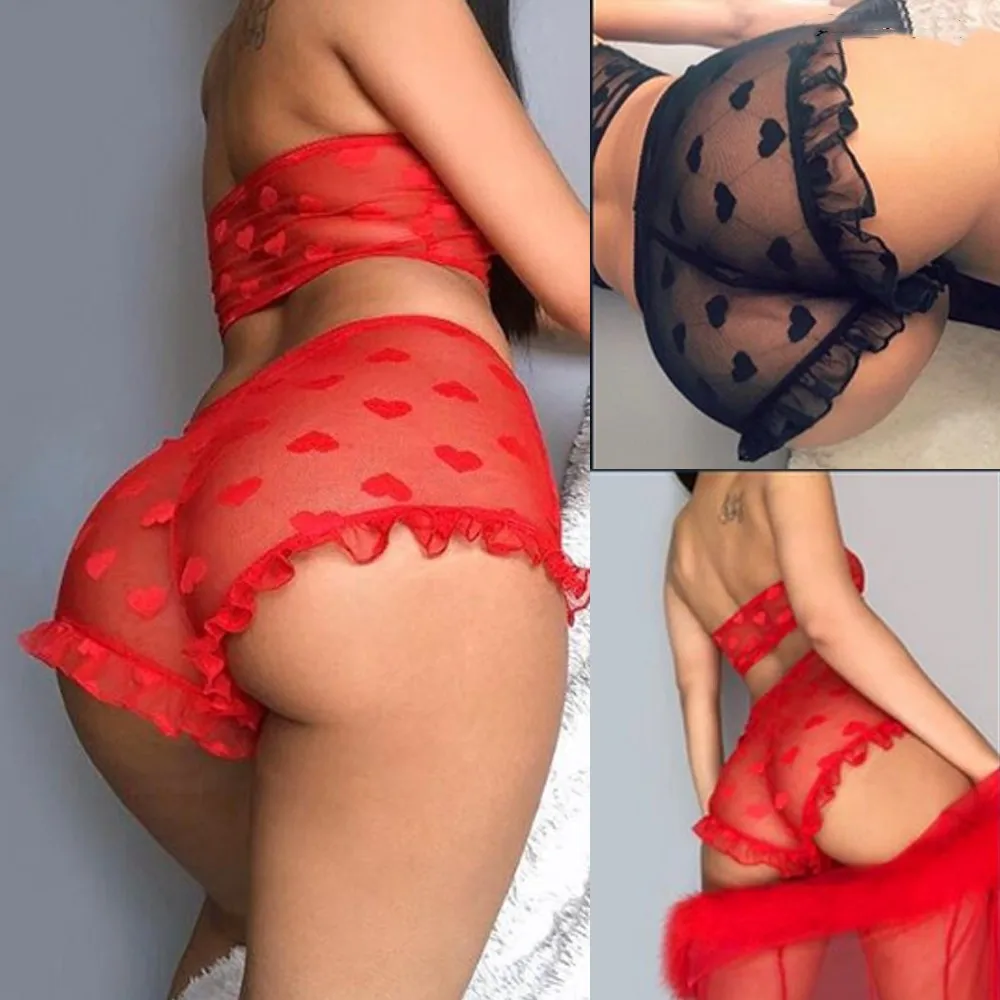 Pijamas femininos e lounge pijama lingerie sexy renda malha coração padrão ver através de tops curtos e calcinha conjunto de pijamas