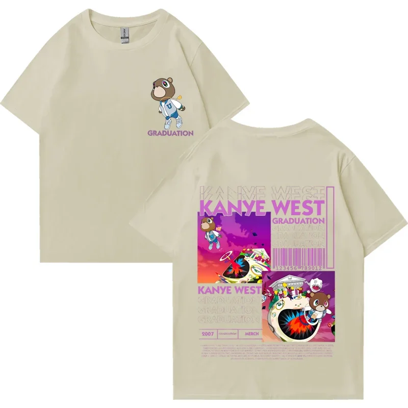 カニエウェスト卒業クマ両面プリント Tシャツ男性女性ファッションヒップホップクールトップス半袖ユニセックスコットン Tシャツ