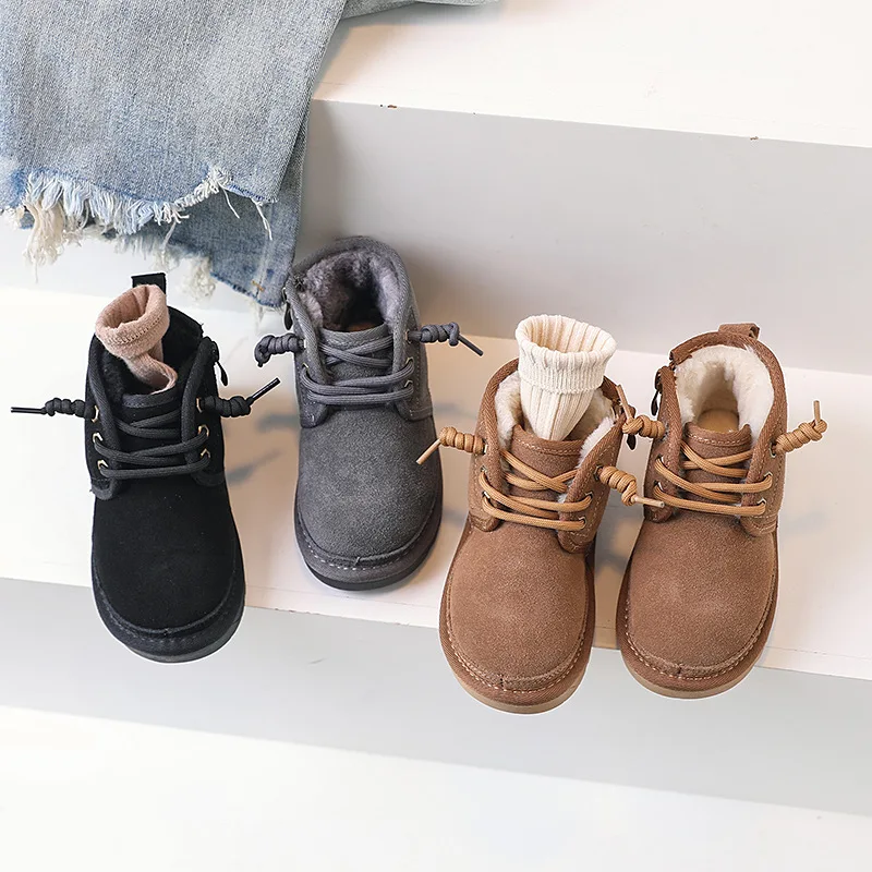 เด็กรองเท้าบู๊ตหิมะหญิงของแท้หนังหนา Plush WARM ฤดูหนาวรองเท้าเด็ก Suede Soft Sole รองเท้าสบายๆลื่นขนาด 21-37