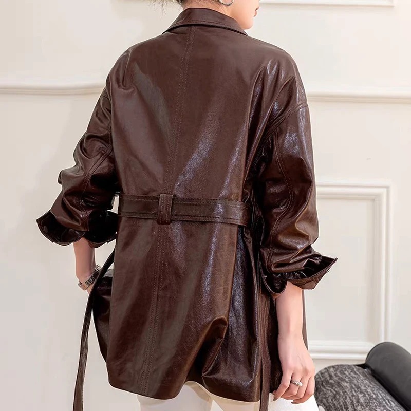 Tenues 2025 nouveau coupe-vent en cuir de cire d'huile importé femmes rétro marron décontracté mi-longue veste avec ceinture Abrigo Mujer