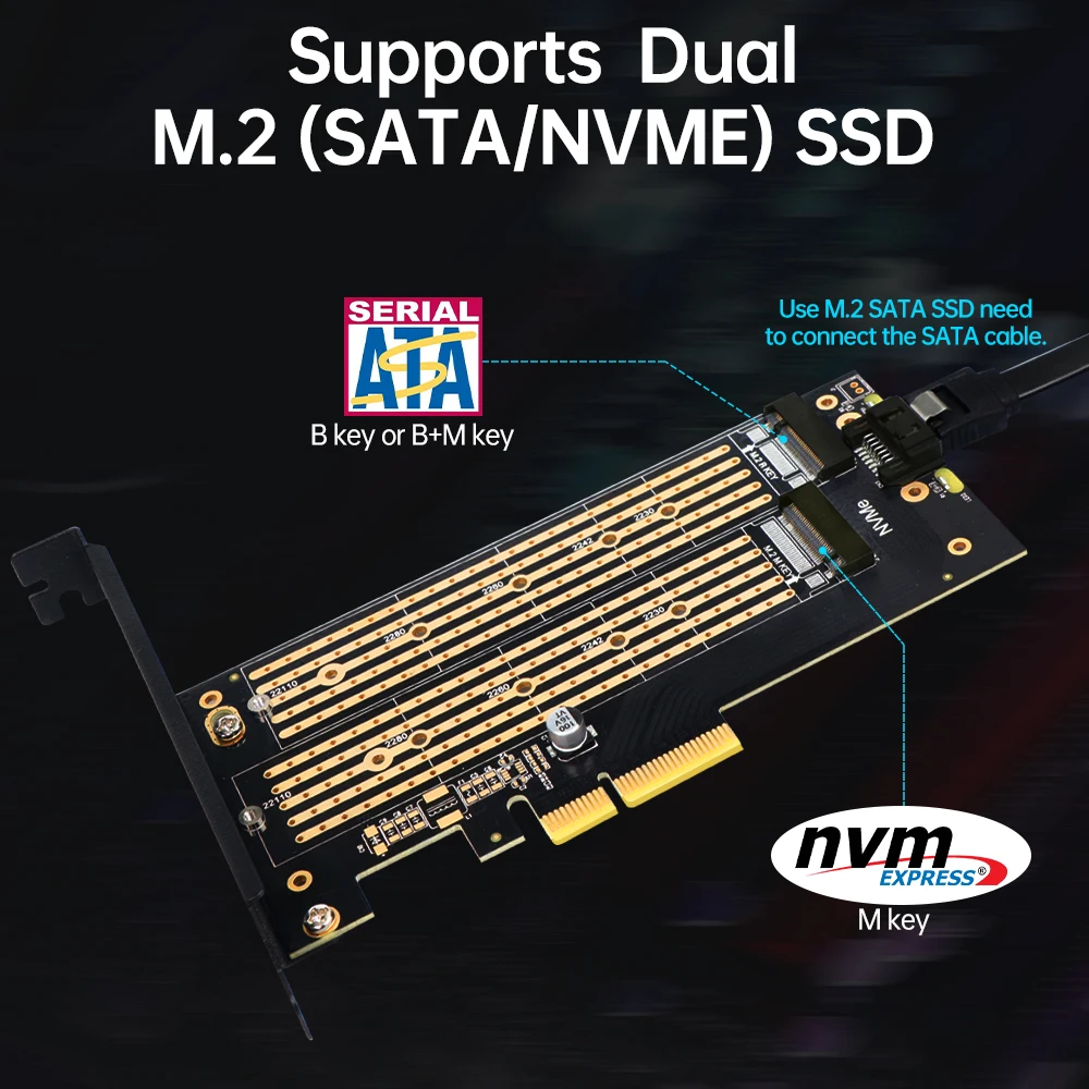 JEYI SK6 M.2 Dual M.2 PCIE 4.0 Adapter for NVMe / NGFF SSD, NVME (m Key) and SATA (b Key) SSD to PCIe x4 X8 X16 Slot