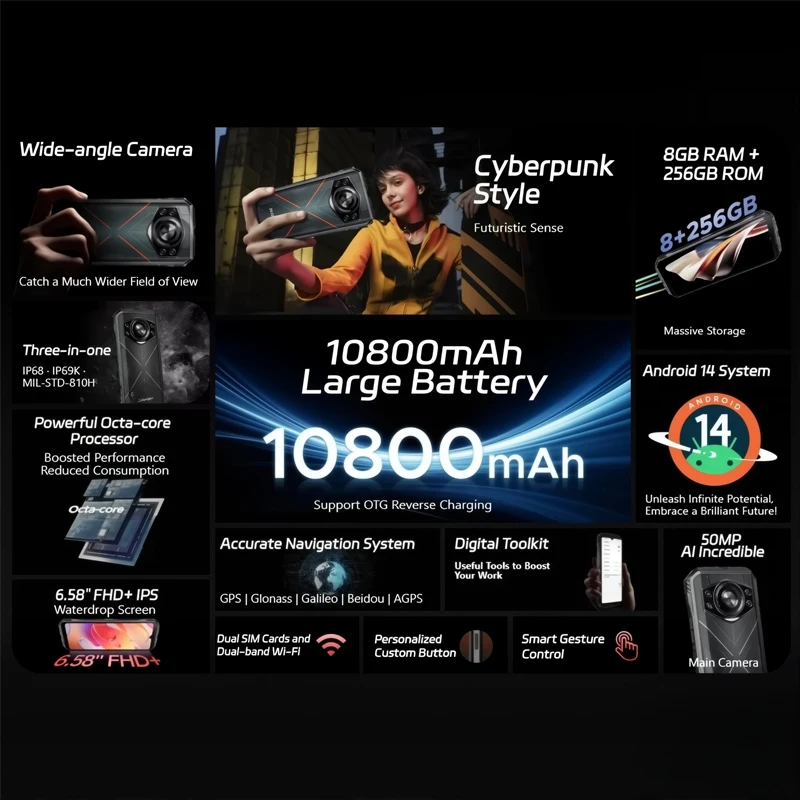 World Premiere DOOGEE S Cyber Rugged Phone 6.58" 90Hz IPS Screen 10800mAh Large Battery 8GB+256GB 50MP AI Main Camera Android 14