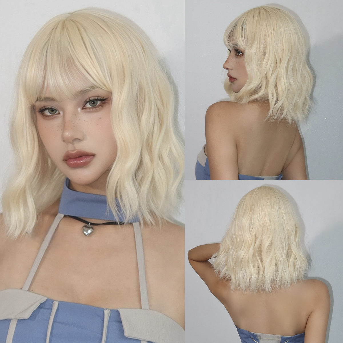 Perruques synthétiques Bob courtes et bouclées blondes avec frange, perruques de Cosplay Lolita dorées platine pour femmes, résistantes à la chaleur pour fête quotidienne