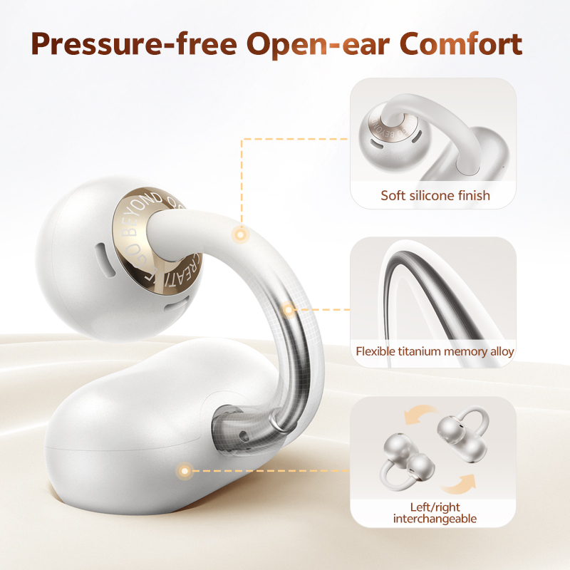 QCY Crossky C50 Auriculares inalámbricos abiertos Bluetooth 6.0, cómodos auriculares de clip, 4 micrófonos, llamadas nítidas con IA, refuerzo de graves, 35 horas de reproducción para deportes y running