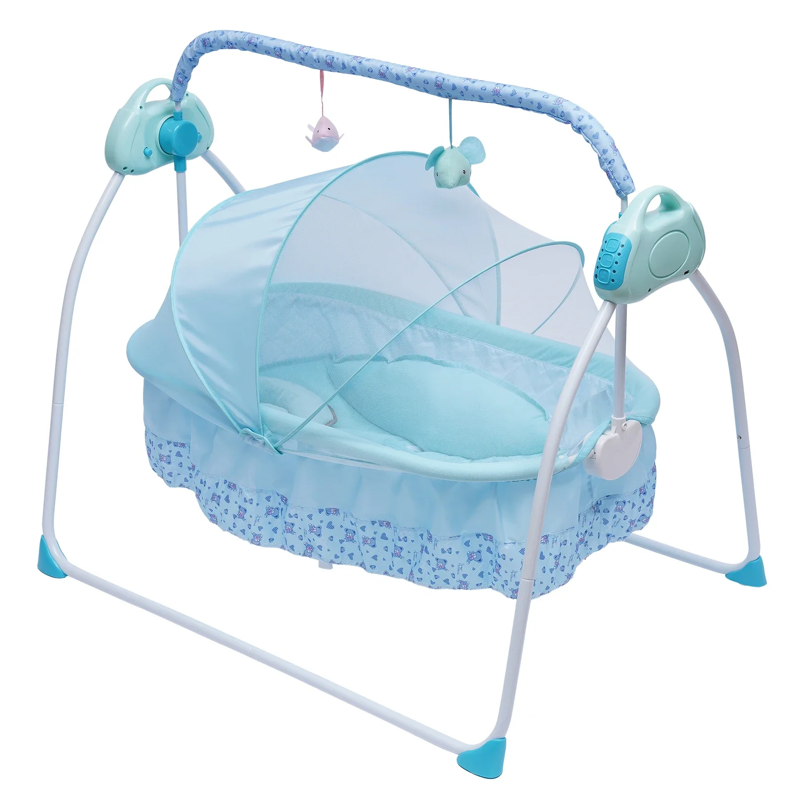 Berço elétrico para bebês, berço com balanço automático para recém-nascidos, cama infantil com bluetooth azul com cadeira + música + tapete + rede
