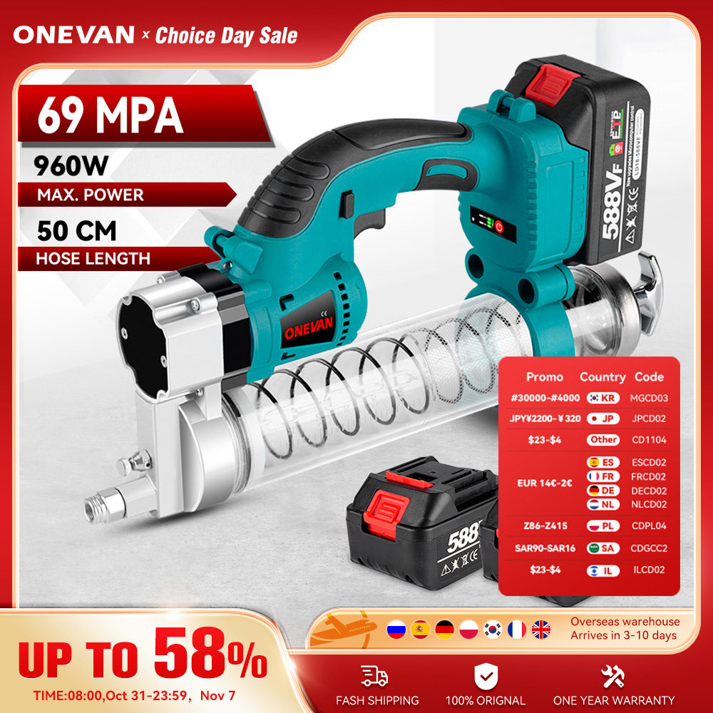 ONEVAN 69Mpa 10000PSL электрический смазочный пистолет, масляный инжектор, машина для жира, электрический смазочный пистолет, аппаратные средства для Makita, аккумуляторный штифт 18 В