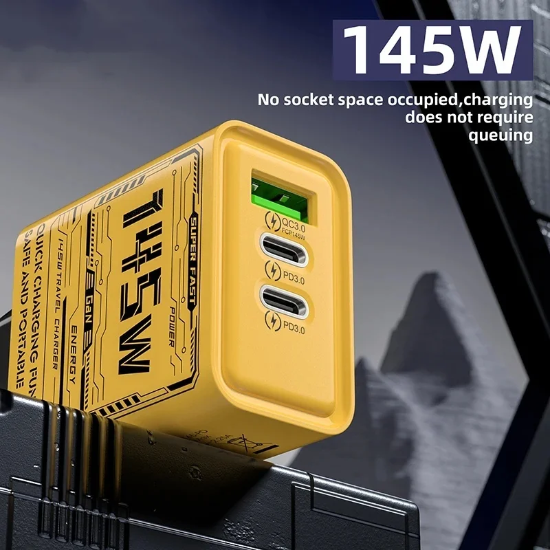 Cargador de teléfono de 145W y 3 puertos, adaptador de carga súper rápida tipo C GaN USB-C QC 3,0 para Huawei, iPhone, Samsung, nuevo