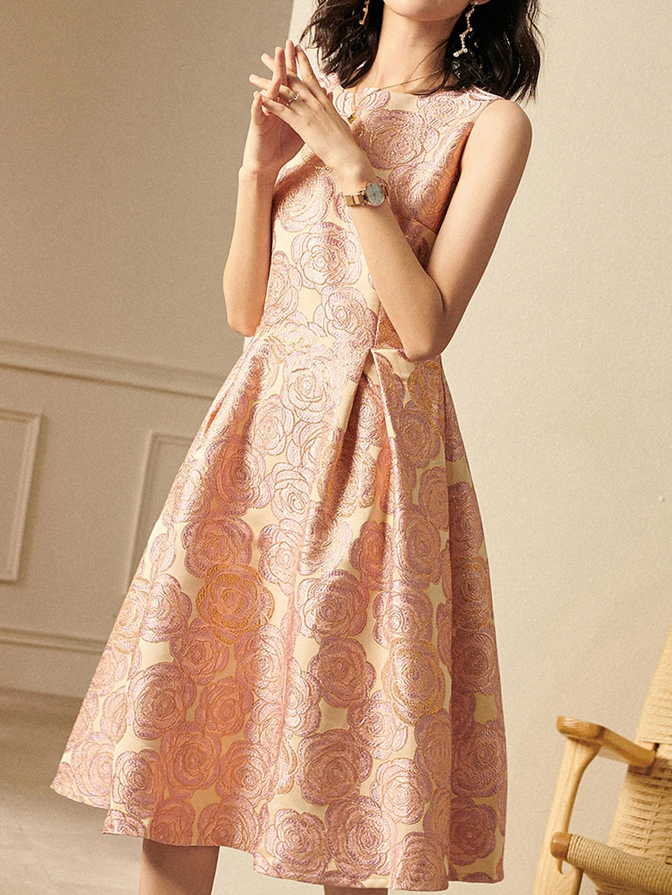 Devchua elegante feminino sem mangas verão jacquard boho floral vintage senhoras roupas de festa nova linha a midi vestido senhoras vestidos