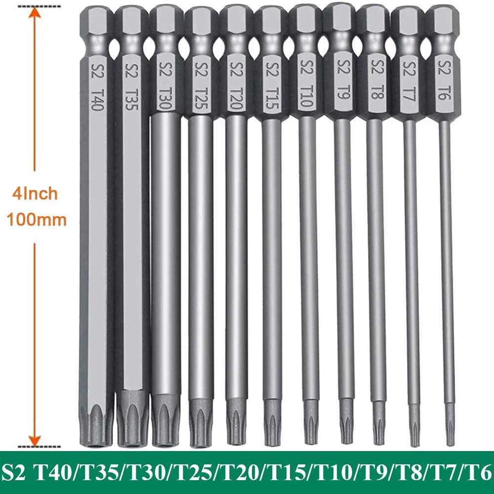 Hex Shank Torx Security Head ไขควงเจาะชุด 4 นิ้วความยาว S2 เหล็ก Torx ไขควงชุด Bit 11/12 ชิ้น Torx หัว 1/4 นิ้ว