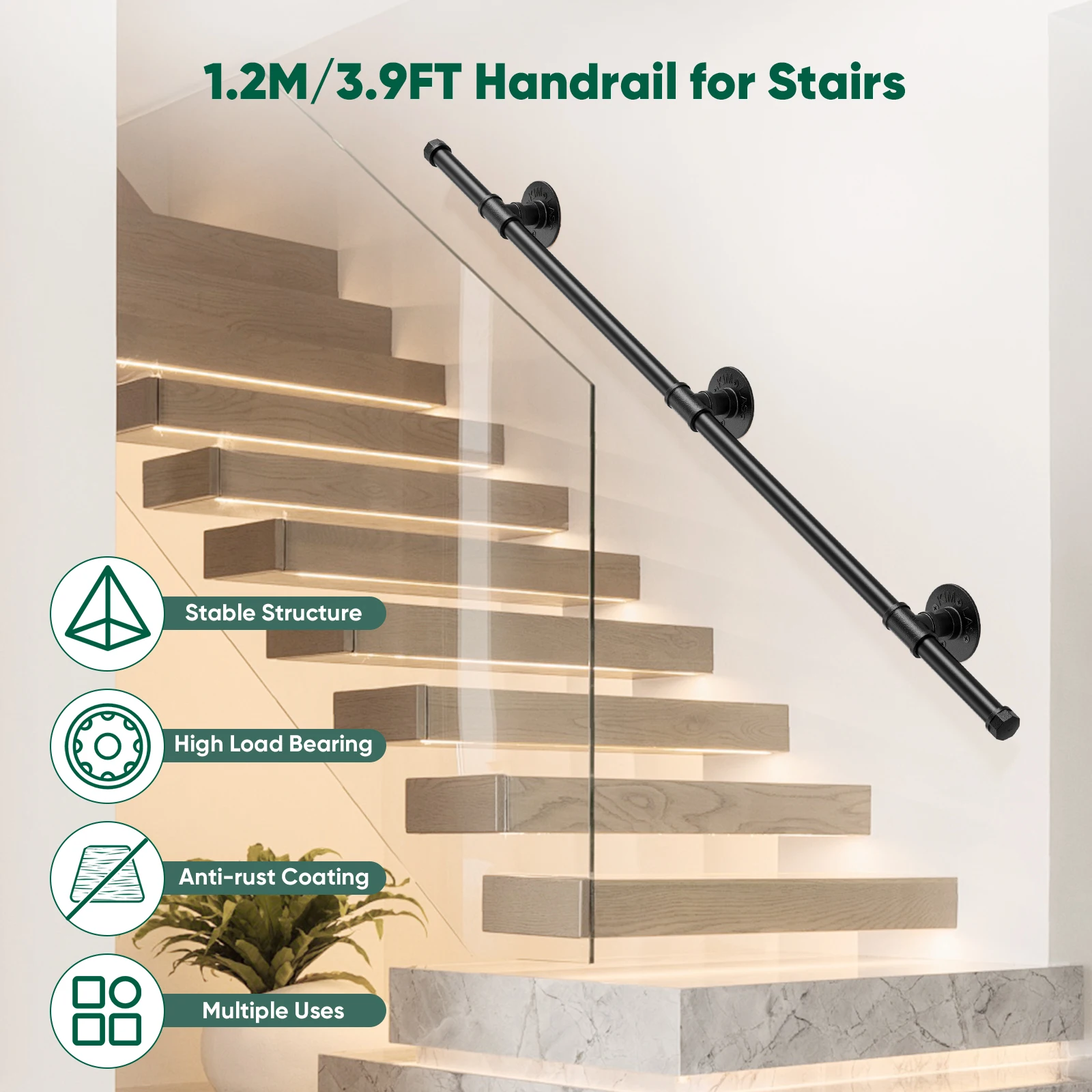 1,2 m ijzeren trapleuningen voor thuis, eenvoudige waterleidingleuningen voor binnenmuren, antislip roltrappen voor ouderen 3,9 ft