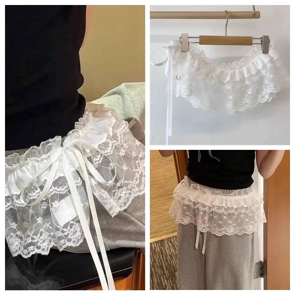 New Embroidered Flower Lace Mini Skirt Y2K Streetwear See Through Lace Up Ruffles Skirt Harajuku Butt Curtain Jeans Decoration