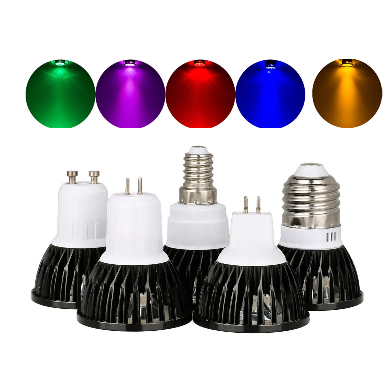 Bunte dimmbare LED-Strahlerlampen GU10 MR16 E27 E14 B22 15W 12W 9W 110V 220V DC 12V Lampe Rot Gelb Blau Grün Lila