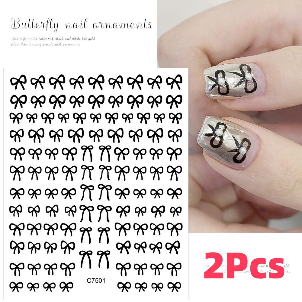 2 pçs 3d preto branco mini bowknot adesivos de unhas rosa/vermelho renda fita/arco auto-adesivo decalques de unhas decoração y2k acessórios de manicure