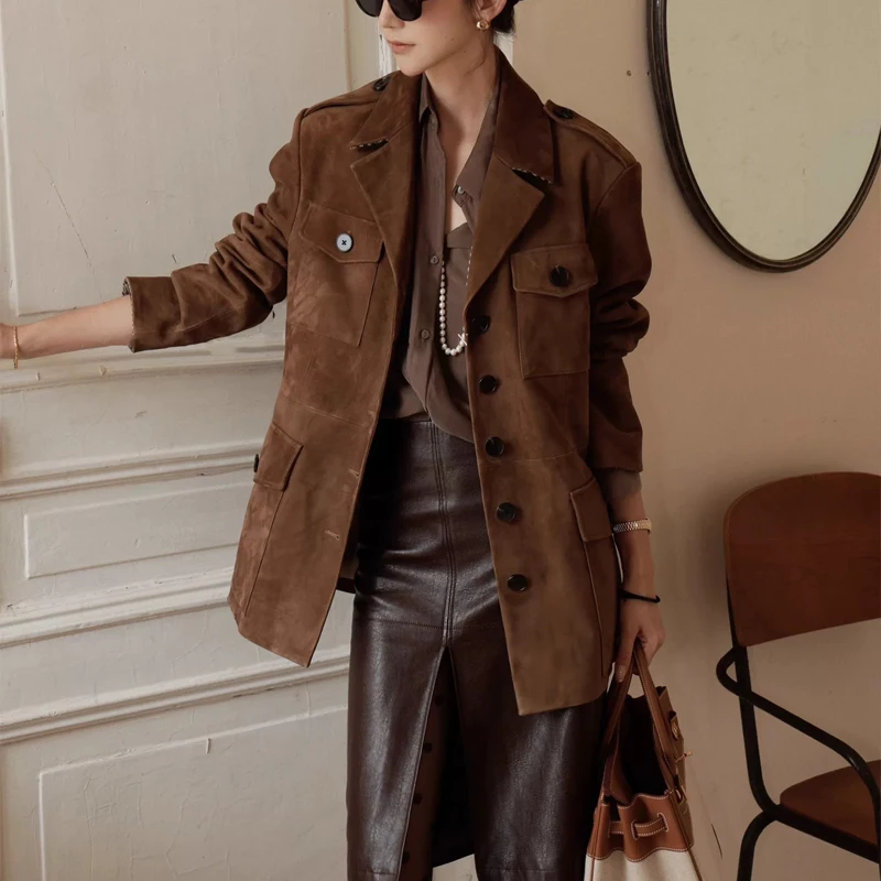 High-end-Vintage Frauen Kid Wildleder Leder Blazer Jacke Mode einreiher Taschen Weibliche Importierte Schaffell Oversize Jacke