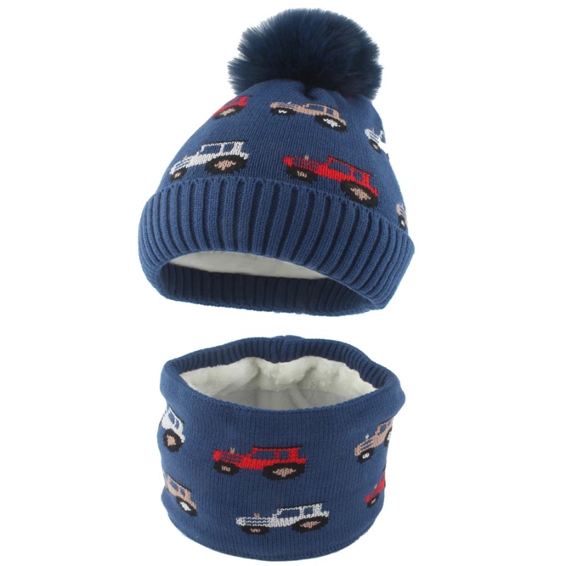 Children Hat Scraf Set Boys Cartoon Car Jacquard Winter Fleece Lining Ear Protection Beanies Warm Knitted Thick Ski Cap Kids